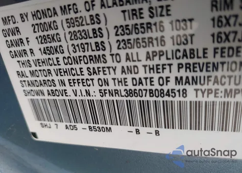 2007 Honda Odyssey Ex-L из США, поврежденный, VIN 5FNRL38607B084518